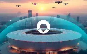 A view of a stadium mid air with illuminated networks and digital signal lines defending against Drones using Safran NAVWAR technologies, and displaying electronic warfare superiority.